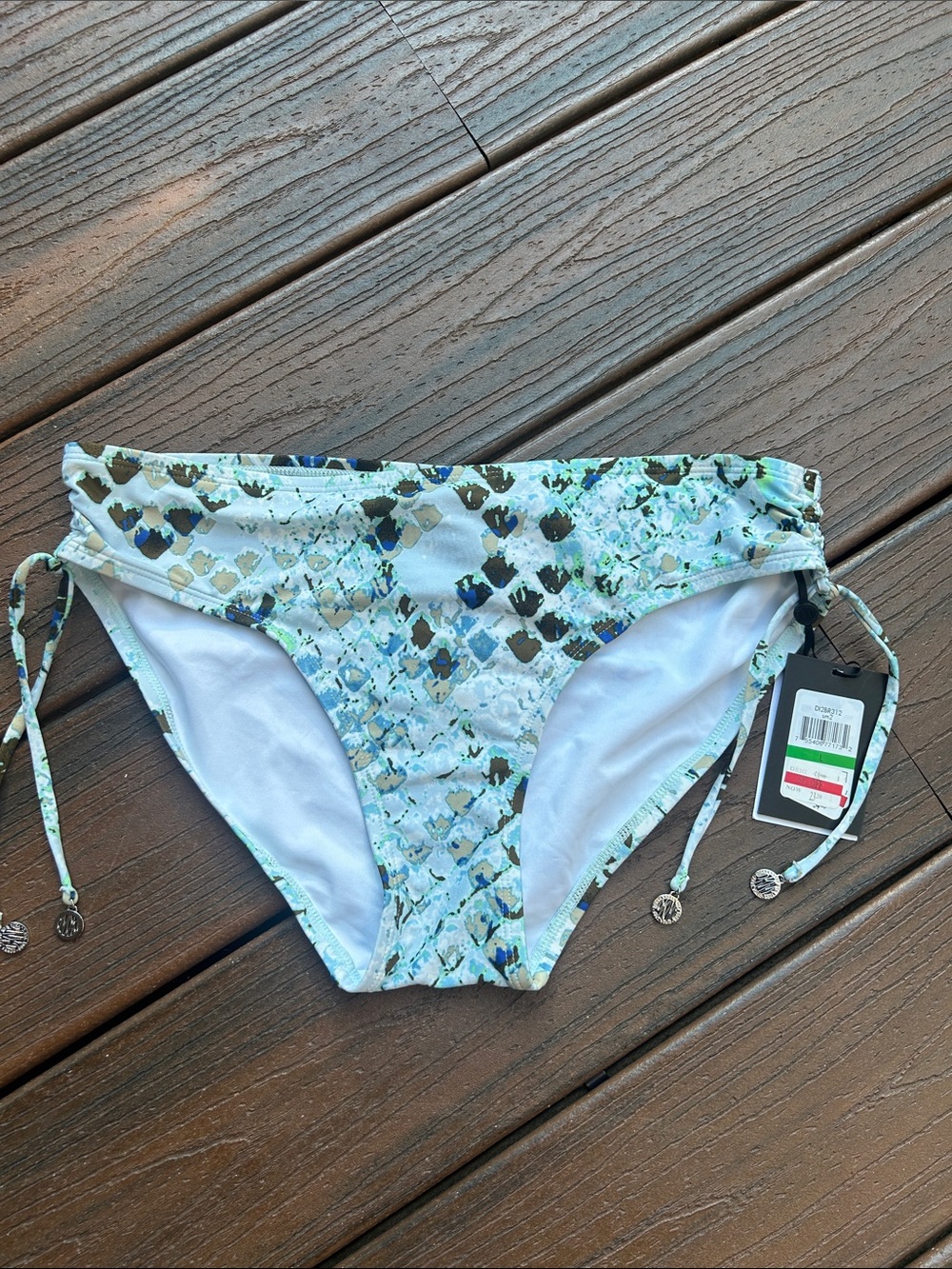 DKNY Blue Green Printed Bikini Bottom with Logo Charms